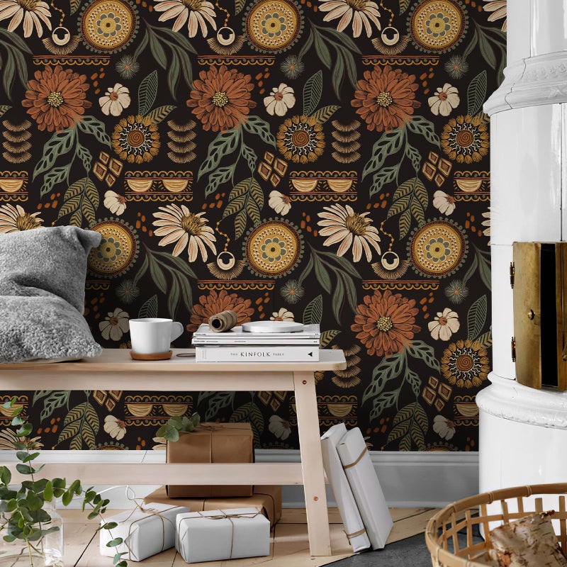 Simon&Siff Boho Wallpaper Peel and Stick, 17.3'' x 80" Sun Floral Retro Removable Contact Paper Dark Botanical Flowers Wall Mural for Decorative Bedroom Bathroom Home Wall - Image 5