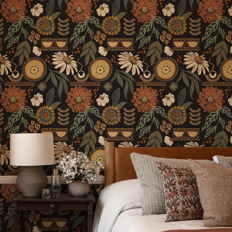 Simon&Siff Boho Wallpaper Peel and Stick, 17.3'' x 80" Sun Floral Retro Removable Contact Paper Dark Botanical Flowers Wall Mural for Decorative Bedroom Bathroom Home Wall - Image 2