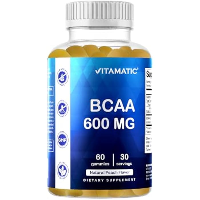 Vitamatic BCAA Gummies - Branch Chain Amino Acid Supplements - Peach Flavor - 600mg per Serving - 60 Vegan Pectin Based Gummies (1 Bottle) - Image 1