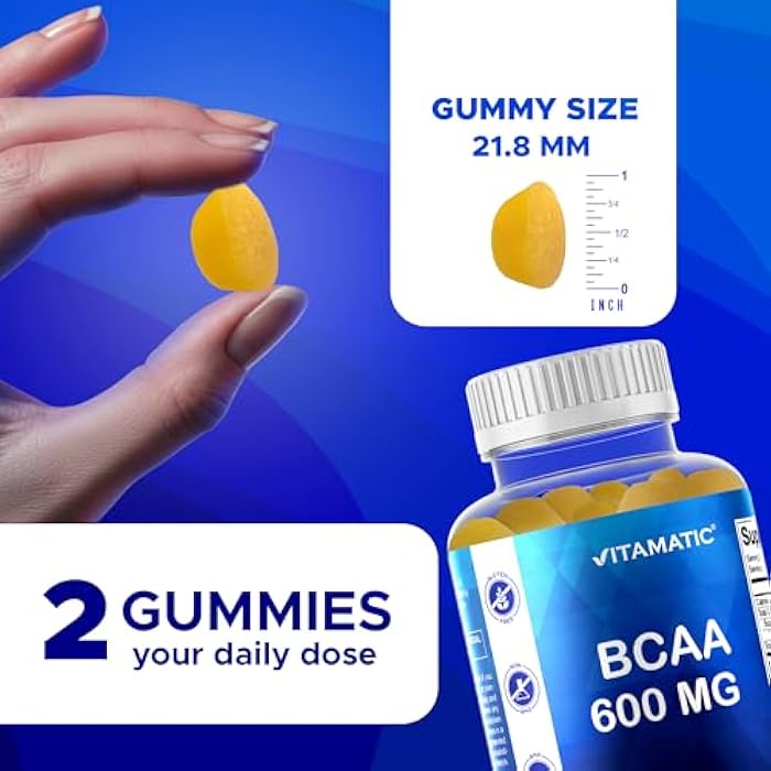 Vitamatic BCAA Gummies - Branch Chain Amino Acid Supplements - Peach Flavor - 600mg per Serving - 60 Vegan Pectin Based Gummies (1 Bottle) - Image 3