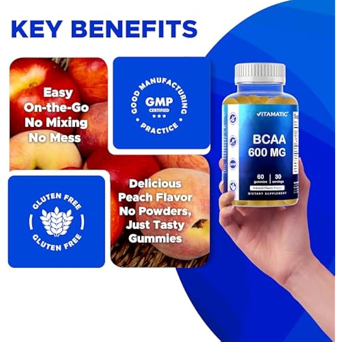 Vitamatic BCAA Gummies - Branch Chain Amino Acid Supplements - Peach Flavor - 600mg per Serving - 60 Vegan Pectin Based Gummies (1 Bottle) - Image 5