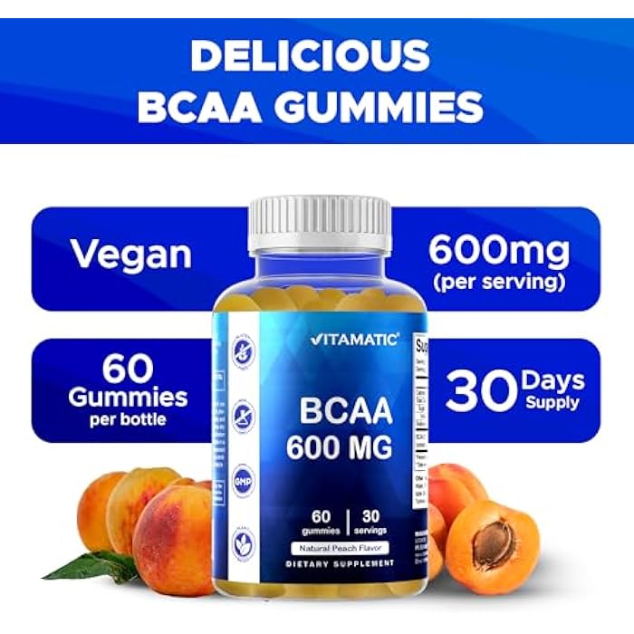 Vitamatic BCAA Gummies - Branch Chain Amino Acid Supplements - Peach Flavor - 600mg per Serving - 60 Vegan Pectin Based Gummies (1 Bottle) - Image 4