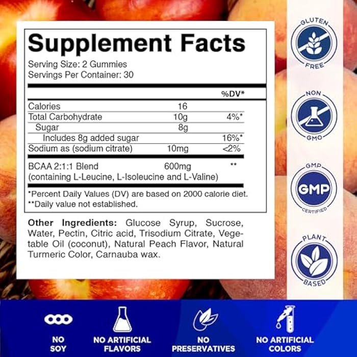 Vitamatic BCAA Gummies - Branch Chain Amino Acid Supplements - Peach Flavor - 600mg per Serving - 60 Vegan Pectin Based Gummies (1 Bottle) - Image 2
