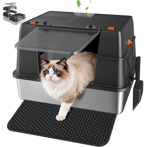 KISENG Stainless Steel Litter Box with Lid, Large Enclosed High Sided Litter Box, Side Entry Removable Upper Cover Leak-Proof Odorless Non-Stick Easy Clean Metal Pan with Scoop & Mat, Black - Image 1