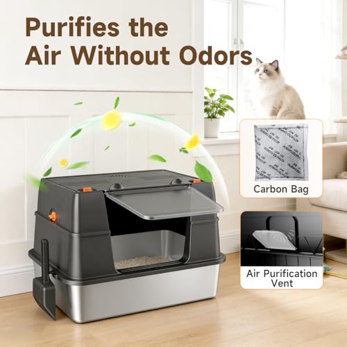 KISENG Stainless Steel Litter Box with Lid, Large Enclosed High Sided Litter Box, Side Entry Removable Upper Cover Leak-Proof Odorless Non-Stick Easy Clean Metal Pan with Scoop & Mat, Black - Image 4