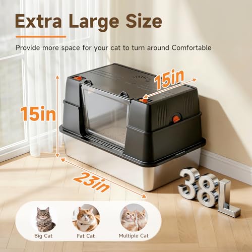 KISENG Stainless Steel Litter Box with Lid, Large Enclosed High Sided Litter Box, Side Entry Removable Upper Cover Leak-Proof Odorless Non-Stick Easy Clean Metal Pan with Scoop & Mat, Black - Image 3