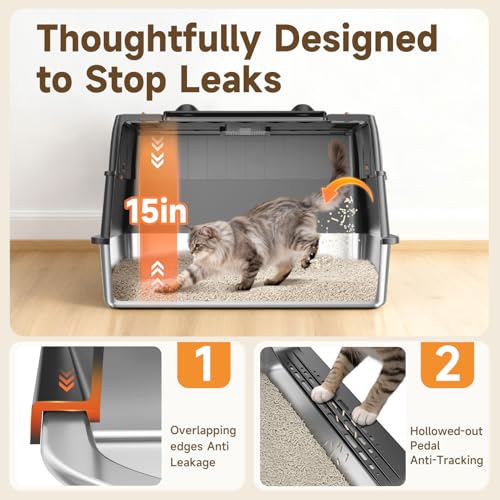 KISENG Stainless Steel Litter Box with Lid, Large Enclosed High Sided Litter Box, Side Entry Removable Upper Cover Leak-Proof Odorless Non-Stick Easy Clean Metal Pan with Scoop & Mat, Black - Image 5