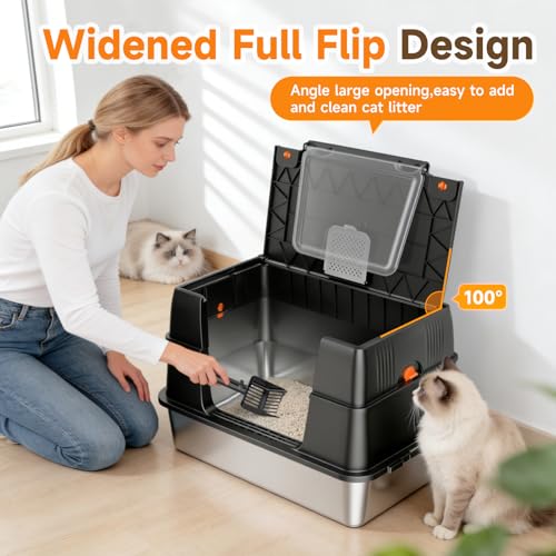 KISENG Stainless Steel Litter Box with Lid, Large Enclosed High Sided Litter Box, Side Entry Removable Upper Cover Leak-Proof Odorless Non-Stick Easy Clean Metal Pan with Scoop & Mat, Black - Image 2