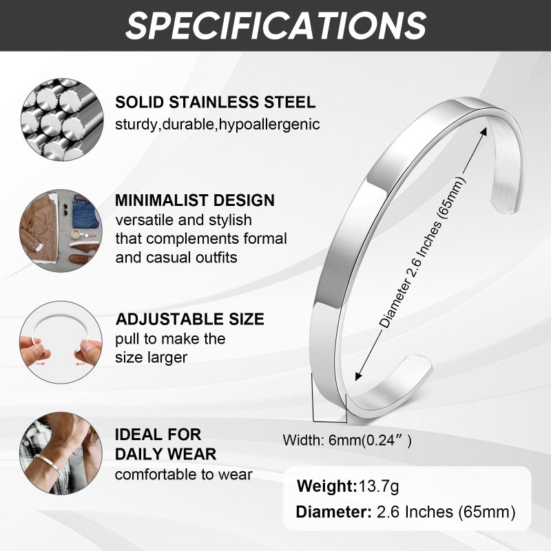 MEALGUET Stainless Steel Mens Cuff Bracelet : Minimal Cool Silver Open Metal Cuff Bangle Bracelets for Men,65mm,Mens Bracelet Jewelry - Image 4