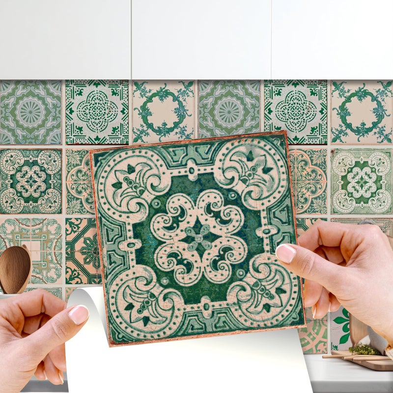 WALPLUS 15cm6 24 pcs Tile Stickers Vintage Green Antique AzulejoPeel and Stick Backsplash Self Adhesive Decal Vinyl Home Decors DIY Splashback Spring Easter Decoration Tile Paint Stick on Tiles