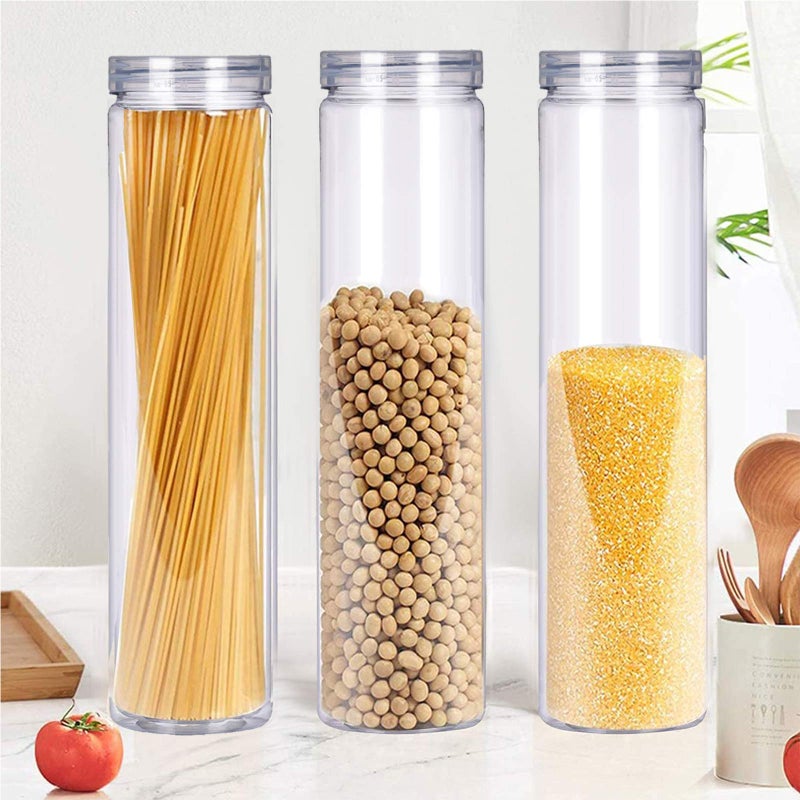 SCWBOEII 3Pcs Clear Plastic Food Storage Jar with Lid  Round Transparent Storage Container for Spaghetti Pasta and Dry goods (2.1"" Diameter x 11.8"" Height) (Round) - Image 3