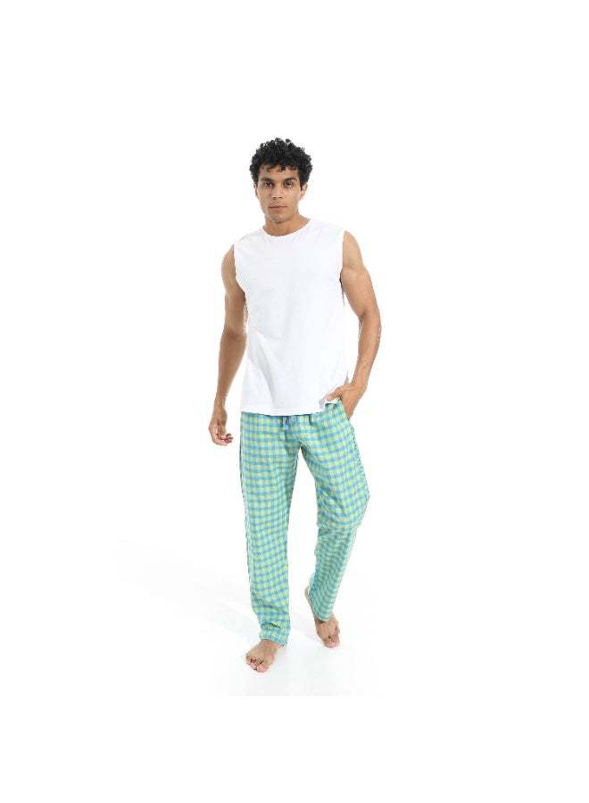 Pavone Small Plaids Cotton Pajama Pants - Turquoise & Yellow - Image 5