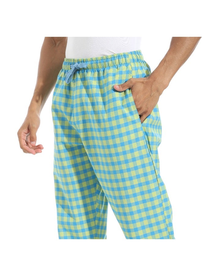 Pavone Small Plaids Cotton Pajama Pants - Turquoise & Yellow - Image 4