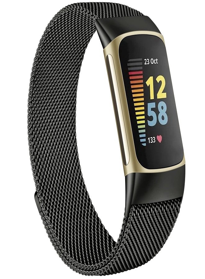Mugust Metal Band for Fitbit Charge 5 Bands for Women Men, Stainless Steel Wristband Mesh Bracelet Replacement Strap for Fitbit Charge 5, Black - Image 1