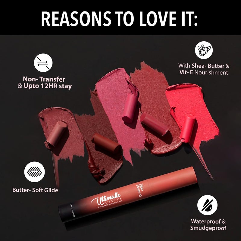 Blue Heaven Blue Heaven Ultimatte NonTransfer lipstick for womenEnriched with Shea Butter Vitamin E Matte Finish Smudge Proof Waterproof Long Lasting Lipstick Upto 12Hrs 22g 01 Red - Image 3