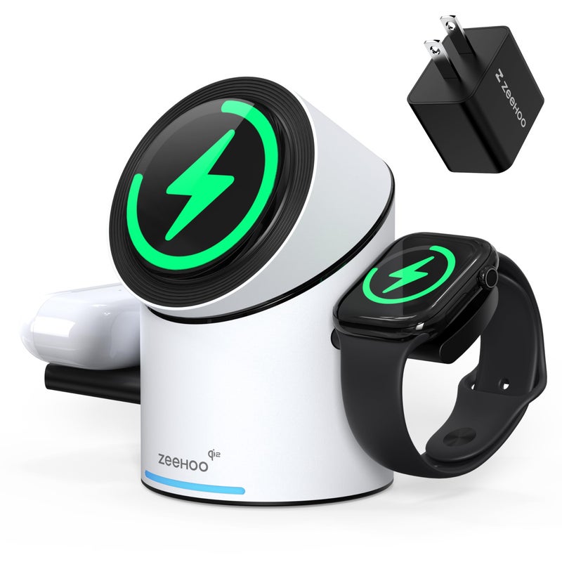 ZEEHOO 3 in 1 Charging Station for Apple Devices MagSafe Charger Stand Qi2 15W AutoRotating Wireless Charger for iPhone 17 1615141312 Series AirPods iWatchWhite - Image 2