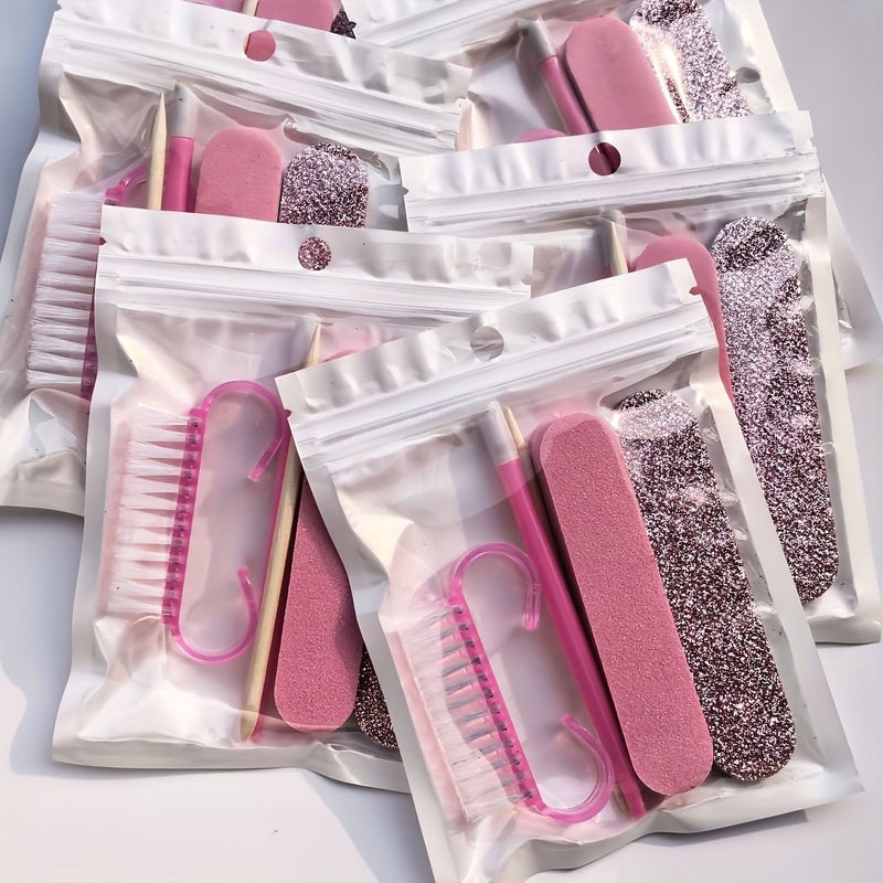 Pink 5Pcs Manicure And Pedicure Set Mini Double Sided Disposable Nail File Wooden Cuticle Pusher Cleaning Tools - Image 1