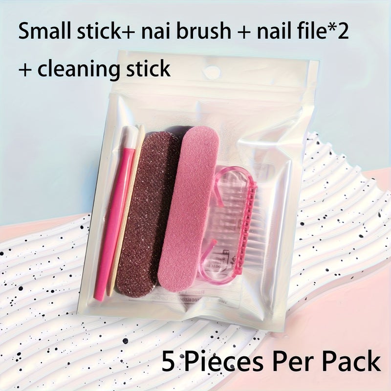 Pink 5Pcs Manicure And Pedicure Set Mini Double Sided Disposable Nail File Wooden Cuticle Pusher Cleaning Tools - Image 2