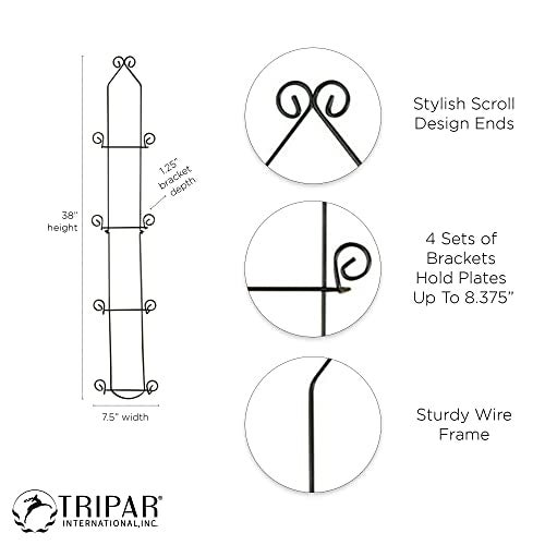 TRIPAR Vertical Wall Plate Rack, Black Display (4 Tiers) - Lightweight & Durable - Contains 4 Non-Adjustable Brackets - Elegantly Display Plates, Tiles, Artwork, & More - Image 3