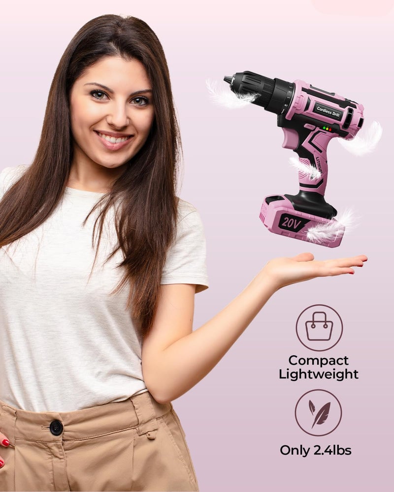 VIWKO Pink Cordless Drill Set, VIWKO 20V Electric Power Drill for Women, Lightweight Electric Screwdriver Driver with Power Pack & Charger, 3/8" Keyless Chuck, Womens Tool Kit for House - Image 2