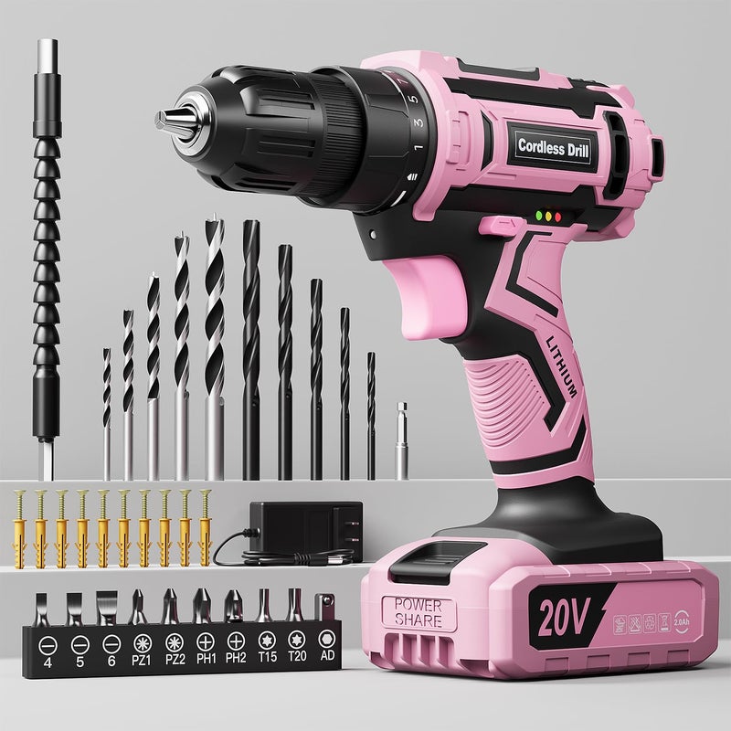 VIWKO Pink Cordless Drill Set, VIWKO 20V Electric Power Drill for Women, Lightweight Electric Screwdriver Driver with Power Pack & Charger, 3/8" Keyless Chuck, Womens Tool Kit for House - Image 1