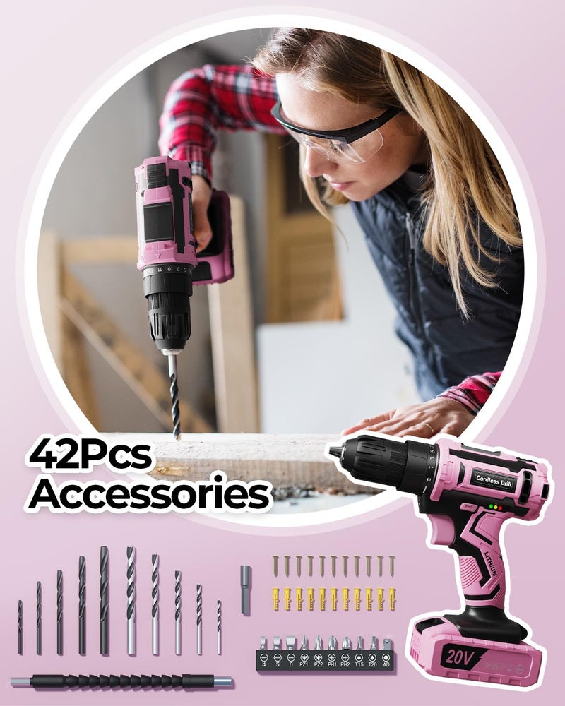 VIWKO Pink Cordless Drill Set, VIWKO 20V Electric Power Drill for Women, Lightweight Electric Screwdriver Driver with Power Pack & Charger, 3/8" Keyless Chuck, Womens Tool Kit for House - Image 3