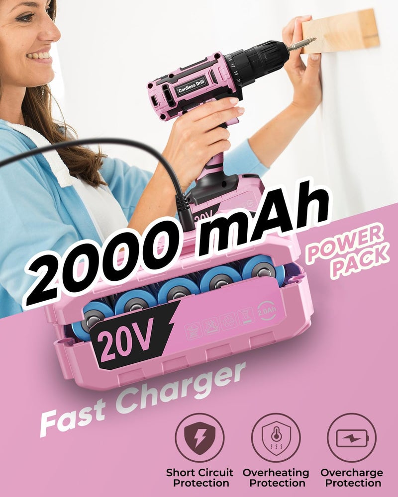 VIWKO Pink Cordless Drill Set, VIWKO 20V Electric Power Drill for Women, Lightweight Electric Screwdriver Driver with Power Pack & Charger, 3/8" Keyless Chuck, Womens Tool Kit for House - Image 4
