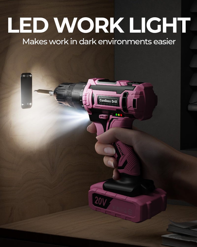 VIWKO Pink Cordless Drill Set, VIWKO 20V Electric Power Drill for Women, Lightweight Electric Screwdriver Driver with Power Pack & Charger, 3/8" Keyless Chuck, Womens Tool Kit for House - Image 5