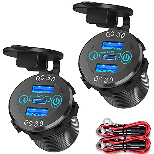 Qidoe 12V USB C Car Charger Socket 2 Pack, Qidoe 56W Aluminum Socket 12V USB Outlet 20W PD3.0 USB-C and Dual QC3.0 Ports with Touch Switch Waterproof DIY USB Port for Car Boat RV Motorcycle Truck Golf Cart - Image 1