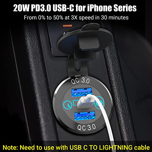 Qidoe 12V USB C Car Charger Socket 2 Pack, Qidoe 56W Aluminum Socket 12V USB Outlet 20W PD3.0 USB-C and Dual QC3.0 Ports with Touch Switch Waterproof DIY USB Port for Car Boat RV Motorcycle Truck Golf Cart - Image 3