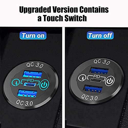 Qidoe 12V USB C Car Charger Socket 2 Pack, Qidoe 56W Aluminum Socket 12V USB Outlet 20W PD3.0 USB-C and Dual QC3.0 Ports with Touch Switch Waterproof DIY USB Port for Car Boat RV Motorcycle Truck Golf Cart - Image 5