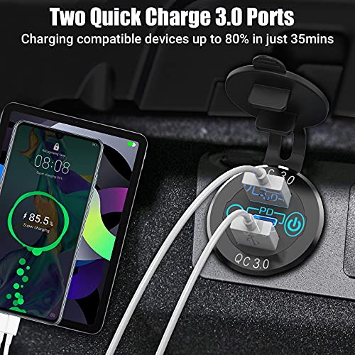 Qidoe 12V USB C Car Charger Socket 2 Pack, Qidoe 56W Aluminum Socket 12V USB Outlet 20W PD3.0 USB-C and Dual QC3.0 Ports with Touch Switch Waterproof DIY USB Port for Car Boat RV Motorcycle Truck Golf Cart - Image 4