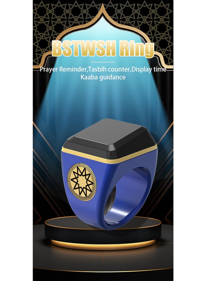 Smart Zikr Ring | Prayer Counter, Tasbih Counter & Muslim Prayer Time Reminder | Smart Tasbih Bead Ring | Waterproof Wearable Technology | Blue and Gold 18MM - Image 1