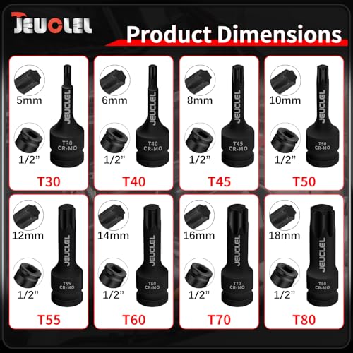 JEUCLEL 8PCS Torx Star 6 Point Impact Bit Socket Set, T30 T40 T45 T50 T55 T60 T70 T80 1/2-Inch Impact Drive Allen Socket Kit, Cr-Mo Steel Socket Remover Hand Repair Tool - Image 2