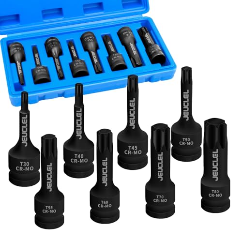 JEUCLEL 8PCS Torx Star 6 Point Impact Bit Socket Set, T30 T40 T45 T50 T55 T60 T70 T80 1/2-Inch Impact Drive Allen Socket Kit, Cr-Mo Steel Socket Remover Hand Repair Tool - Image 1