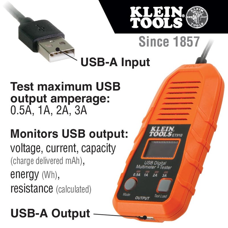 Klein Tools ET910 USB Power Meter and Tester, USB-A Digital Meter for Voltage, Current, Capacity, Energy, Resistance, Max Current - Image 2