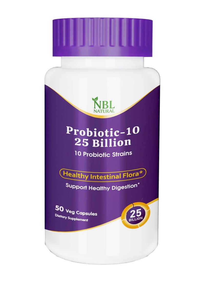أن بي أل ناتشورال - NBL Natural, بروبيوتيك-10، 25 مليار، مع 10 سلالات بروبيوتيك، 50 كبسولة نباتية - Image 1