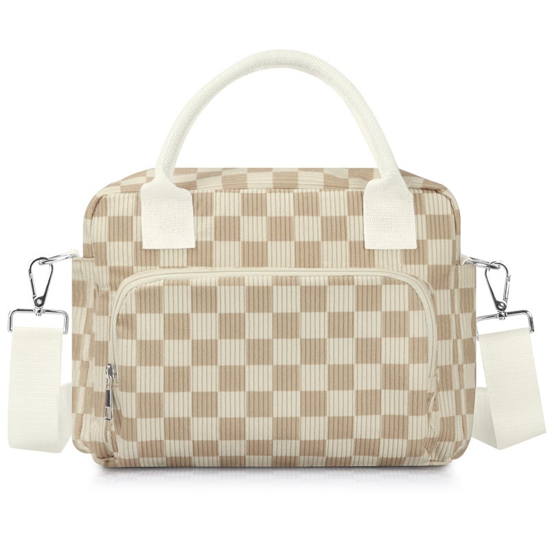 TESAFNG Lunch Box for Women Insulated Lunch Bag Cute Corduroy Lunch Tote Bags Lightweight Reusable Leakproof Cooler Bag with Adjustable Shoulder Strap for Work Office Travel Picnic (Checkered Khaki) - Image 1