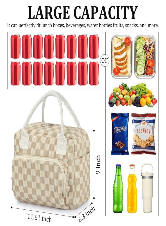TESAFNG Lunch Box for Women Insulated Lunch Bag Cute Corduroy Lunch Tote Bags Lightweight Reusable Leakproof Cooler Bag with Adjustable Shoulder Strap for Work Office Travel Picnic (Checkered Khaki) - Image 2