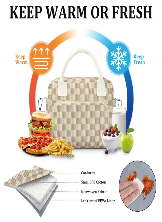 TESAFNG Lunch Box for Women Insulated Lunch Bag Cute Corduroy Lunch Tote Bags Lightweight Reusable Leakproof Cooler Bag with Adjustable Shoulder Strap for Work Office Travel Picnic (Checkered Khaki) - Image 3