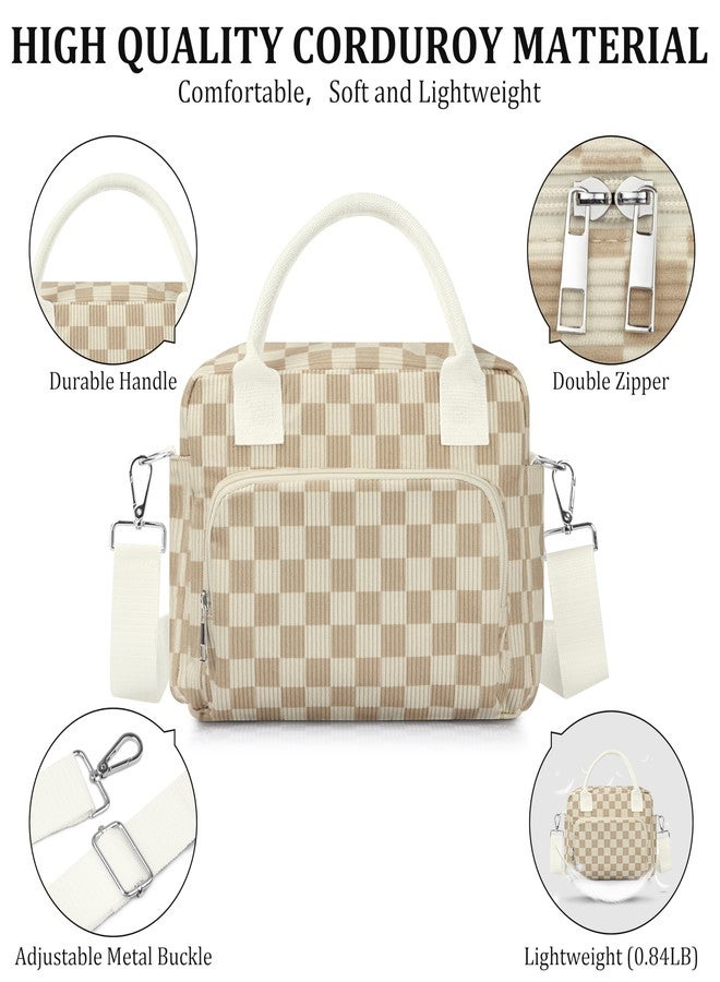 TESAFNG Lunch Box for Women Insulated Lunch Bag Cute Corduroy Lunch Tote Bags Lightweight Reusable Leakproof Cooler Bag with Adjustable Shoulder Strap for Work Office Travel Picnic (Checkered Khaki) - Image 5