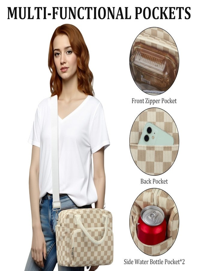 TESAFNG Lunch Box for Women Insulated Lunch Bag Cute Corduroy Lunch Tote Bags Lightweight Reusable Leakproof Cooler Bag with Adjustable Shoulder Strap for Work Office Travel Picnic (Checkered Khaki) - Image 4