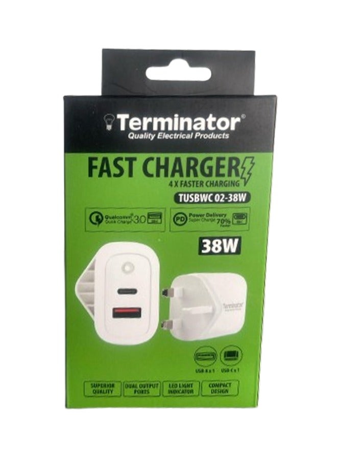 Terminator 38W Fast USB Wall Charger with 13A Plug and Light Indicator Blue-White
