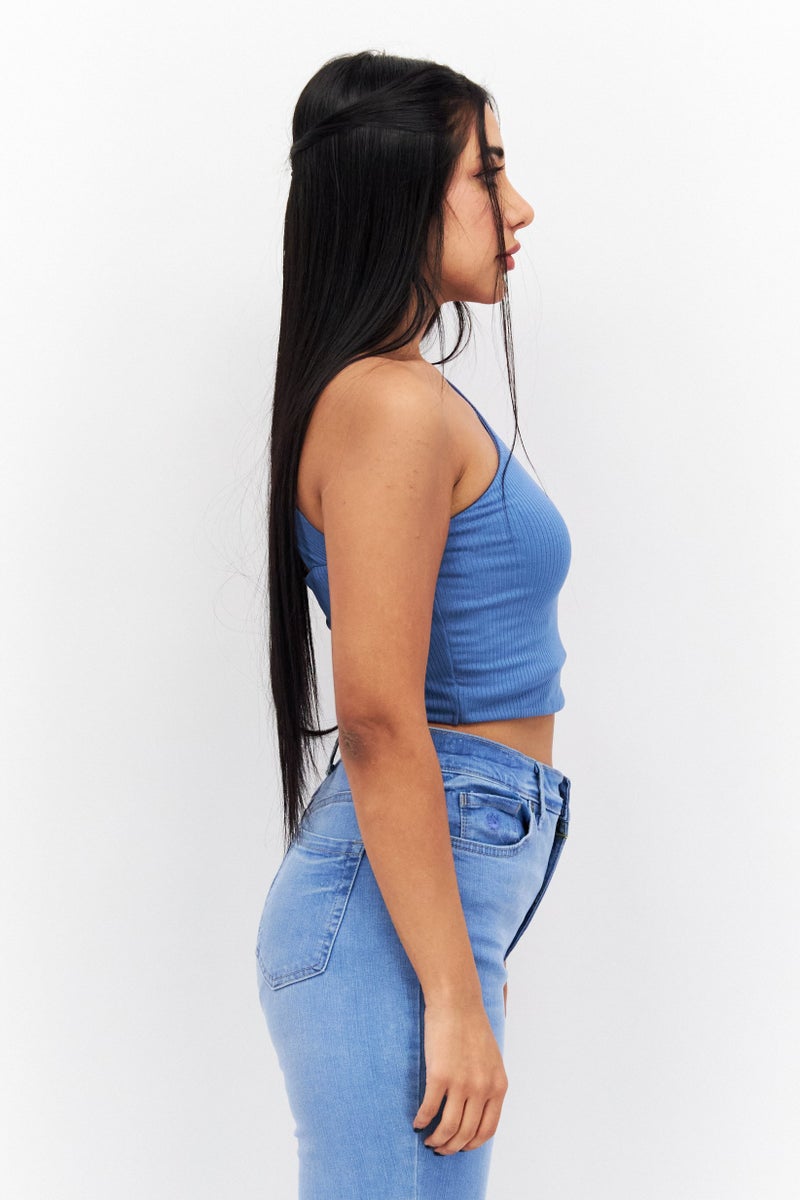 Endless Blu Women Asymmetrical Neck Sleeveless Plain Tank Top, Blue - Image 2