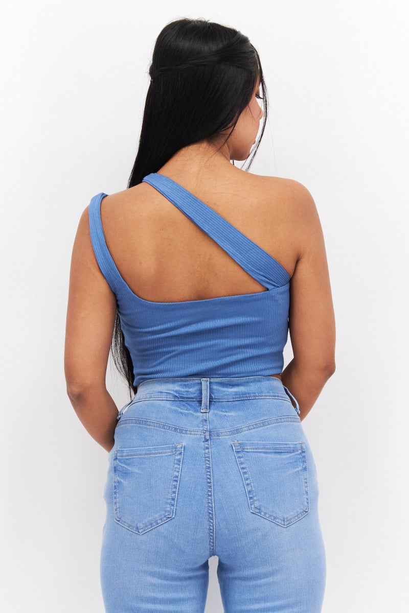 Endless Blu Women Asymmetrical Neck Sleeveless Plain Tank Top, Blue - Image 4