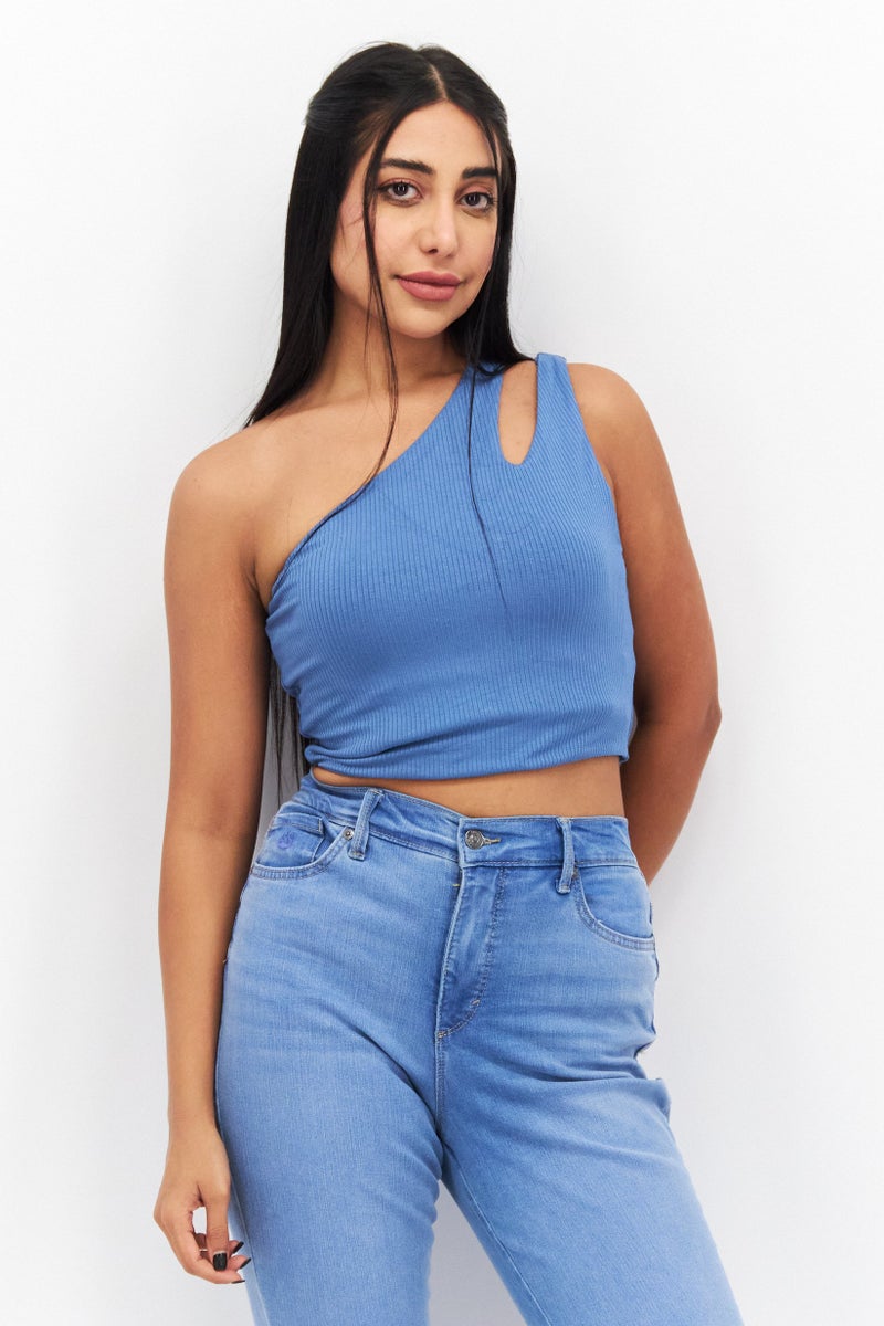 Endless Blu Women Asymmetrical Neck Sleeveless Plain Tank Top, Blue - Image 1
