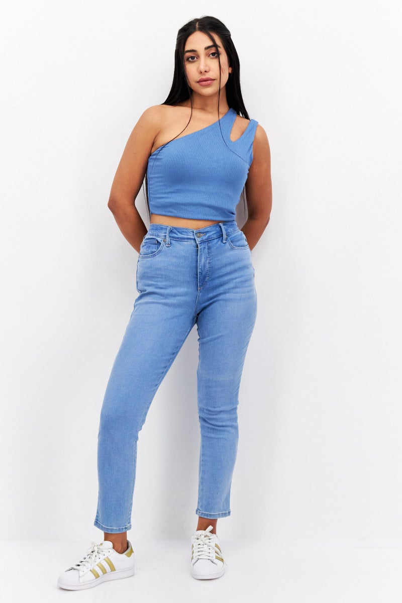 Endless Blu Women Asymmetrical Neck Sleeveless Plain Tank Top, Blue - Image 3