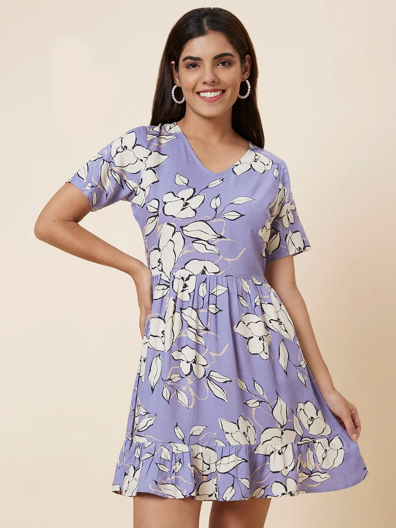 globus Women Floral Printed V-Neck Mini A-Line Dress