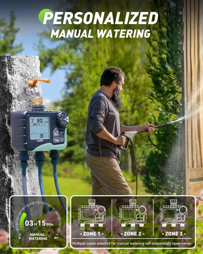 RAINPOINT 3 Zone Sprinkler Timer with Brass Inlet, Water Timer for Garden Hose,Rain Delay/Manual/Automatic Watering System, Hose,Hose Timers for Watering with IP65 Waterproof, Large LCD for Yard - Image 5