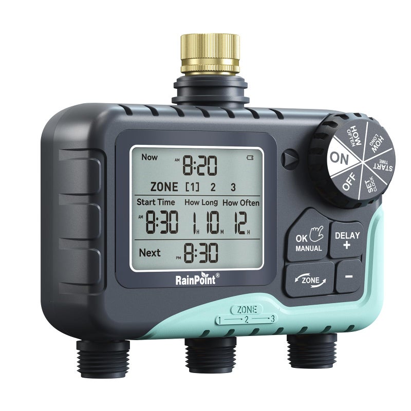 RAINPOINT 3 Zone Sprinkler Timer with Brass Inlet, Water Timer for Garden Hose,Rain Delay/Manual/Automatic Watering System, Hose,Hose Timers for Watering with IP65 Waterproof, Large LCD for Yard - Image 1